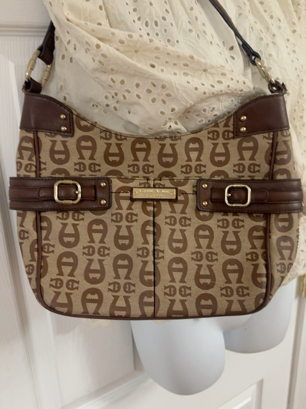 Etienne Aigner Brown Monogram Shoulder Bag with Dark Brown Trim